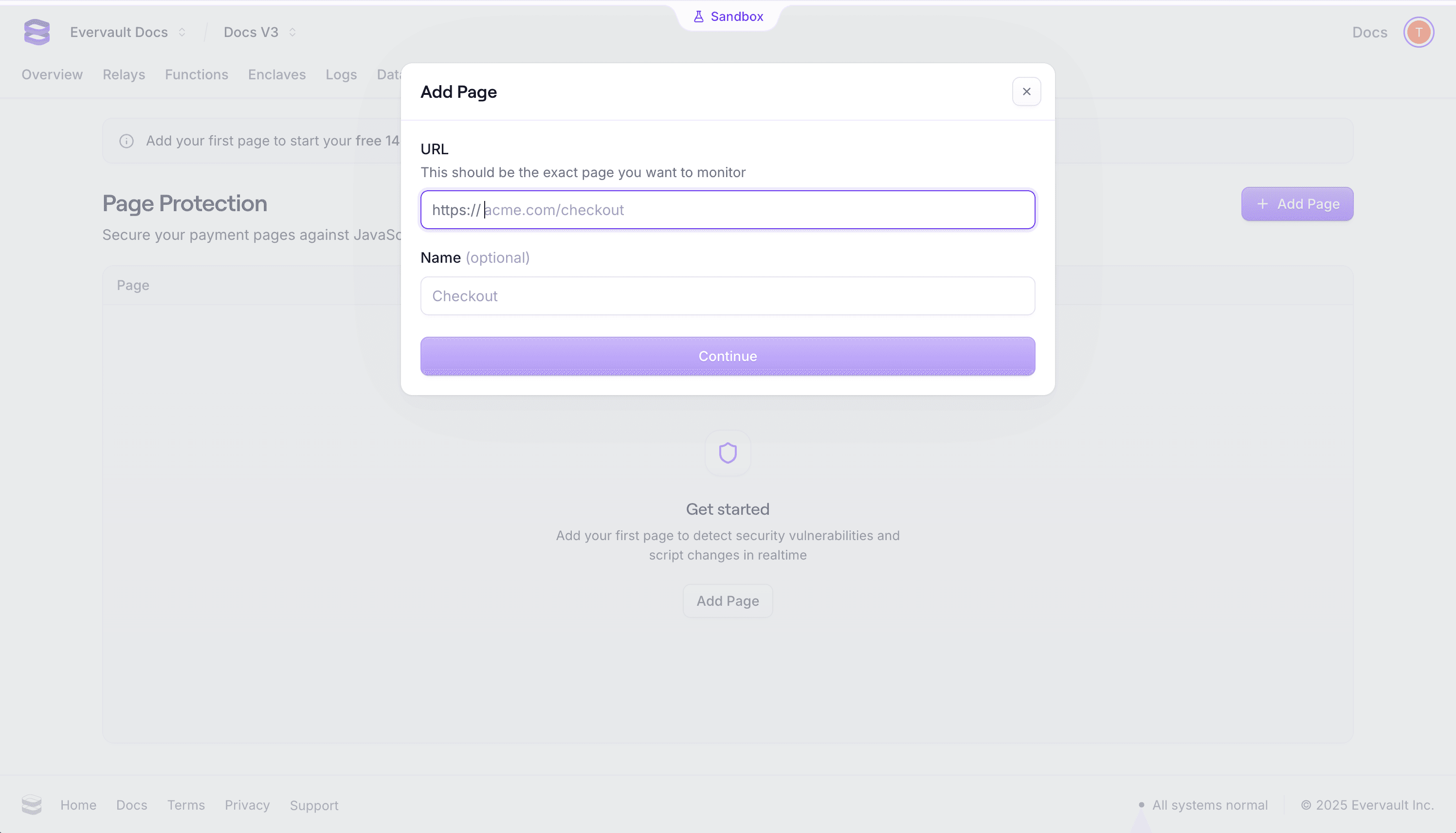 A screenshot of the Add Page modal in the Evervault dashboard.