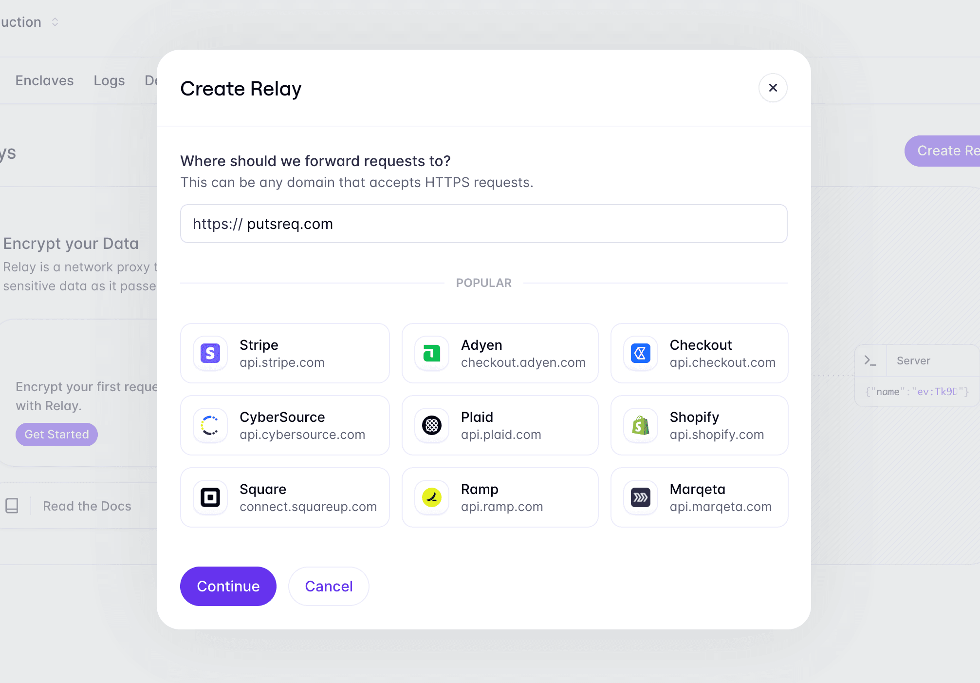 Screenshot of the Relay creation form in the Evervault Dashboard.