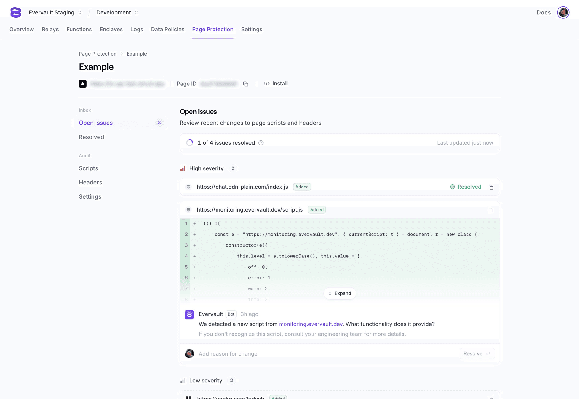 A screenshot of the Page Protection tab in the Evervault dashboard showing open issues.