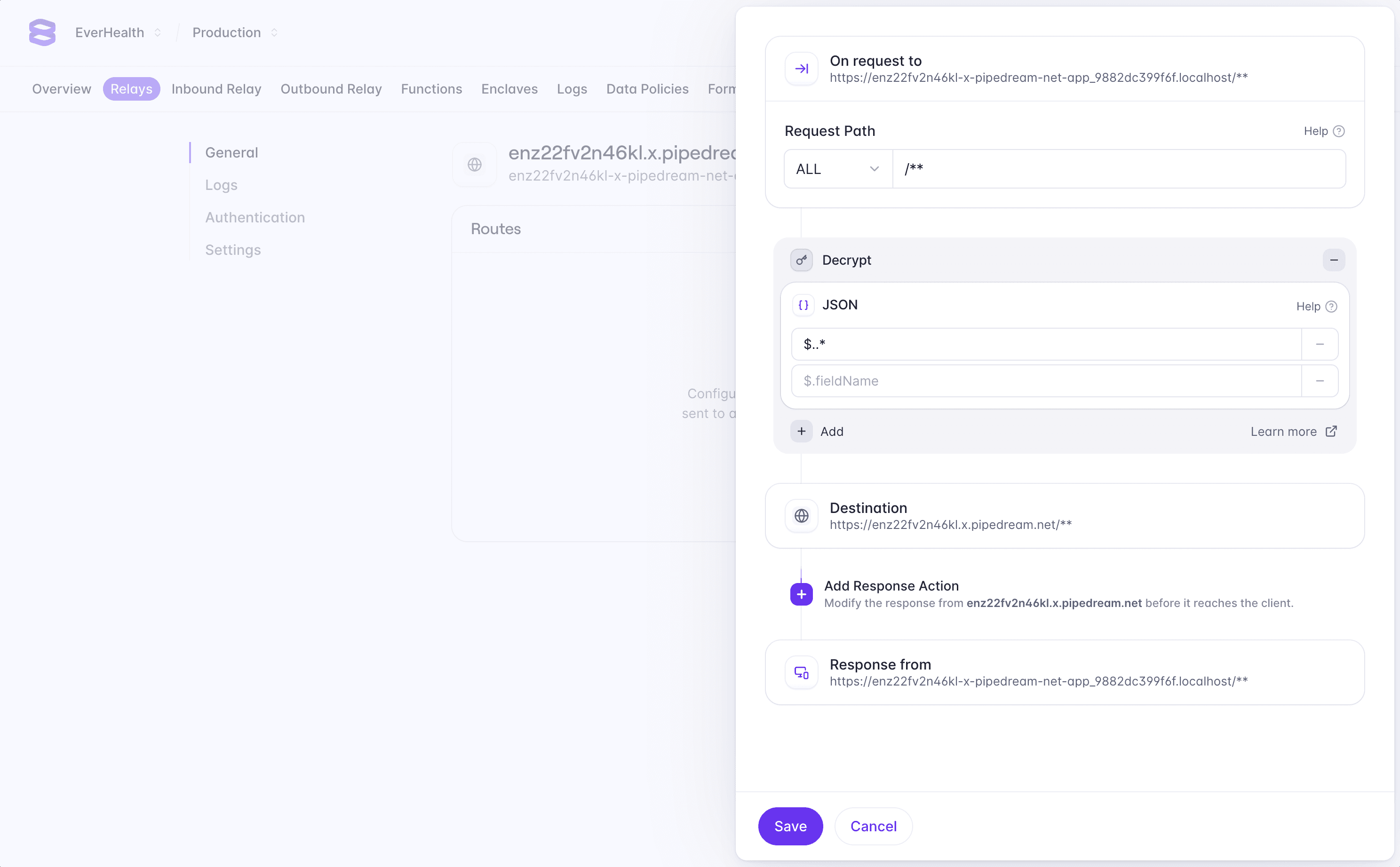 Screenshot of a Relay configured to decrypt all data in the request body.