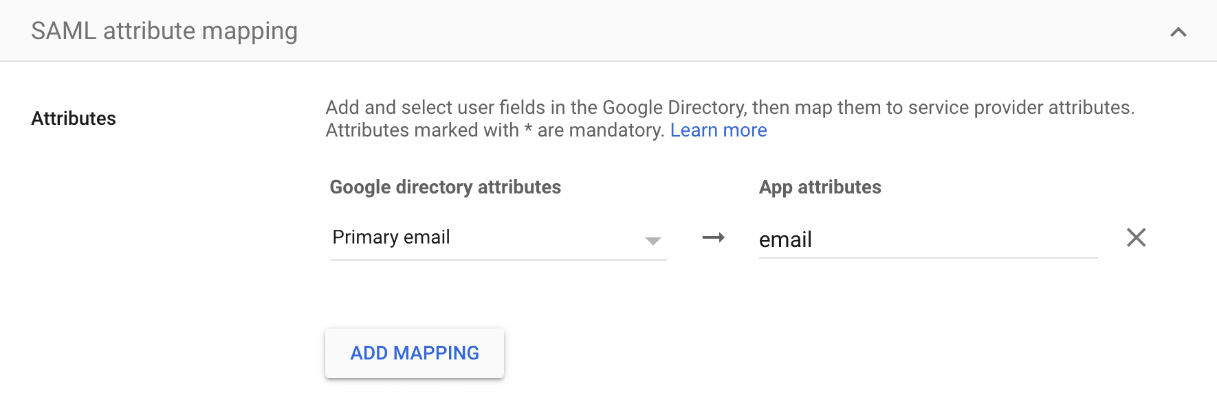 A screenshot of the Google SAML Attribute Mapping