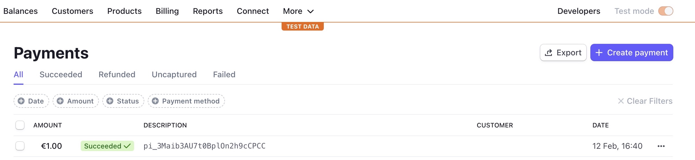 Successful payment in the Stripe dashboard